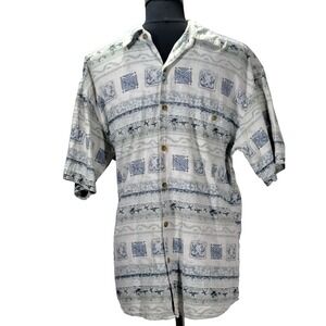 Summa Mens Silk Cotton Short Sleeve Button Down Shirt Grey Blue Tropical Palm M